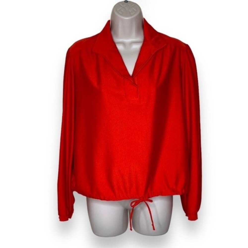 Vintage 70s Keve Split Neck Long Sleeve Red Orange Drawstring Qiana Top Women 14